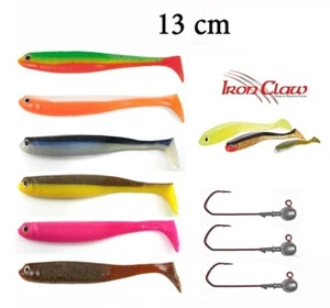 6 Stk. Gummifisch Set + 3 Jig Kopf Sänger Iron Claw Slim Jim 13 cm Zander Angeln