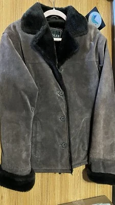 Chaqueta Adler Marrón Oscuro Gamuza Medio Torso con Imitación Piel Marrón Abotonada Usada Foto 1 de 4