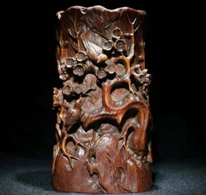 Chinese Natural Boxwood Hand-carved Magpie & Plum Blossom Brush Pot - Picture 1 of 9