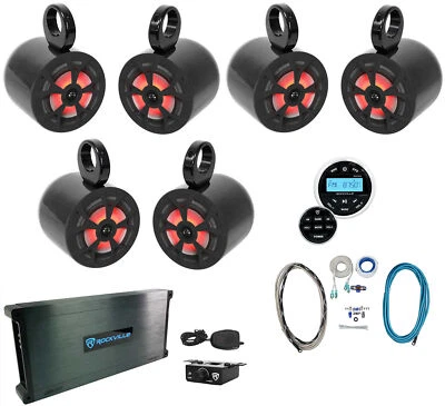 6) Rockville RKL80MB 8" Marine Boat Wakeboard Tower LED Speakers+Amp+Receiver - Image 1 of 4