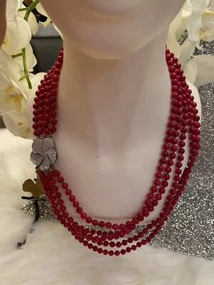 Gargantilha de colar de prata esterlina 5 raws vintage bambu vermelho flor coral 20"" - Imagem 1 de 4