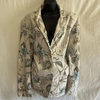 B-40 Kathie Lee Collection Vintage White Blue & Green Floral Linen Blend Blazer - Image 1 of 4
