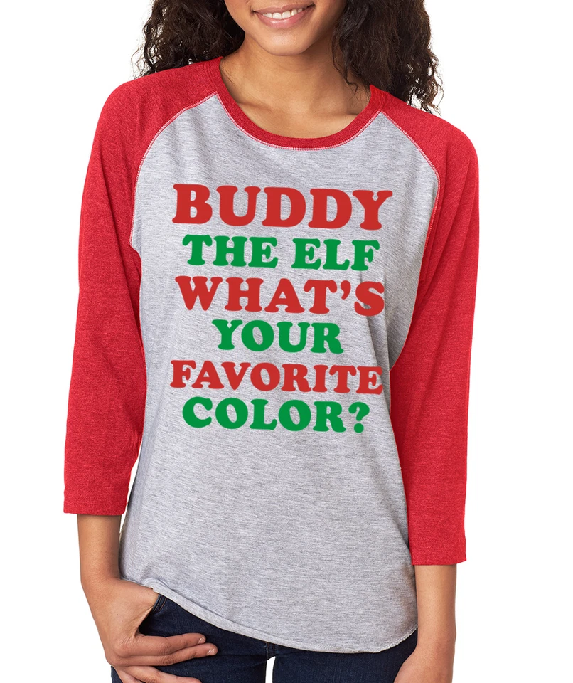 BUDDY el ELFO COLOR FAVORITO Divertida Película Regalo Navidad Mujer Manga 3/4 Camiseta Foto 1 de 1