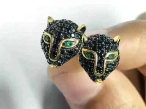 2Ct Round Lab-Created Black Diamond 14K Yellow Gold Plated Panther Stud Earring - Picture 1 of 5