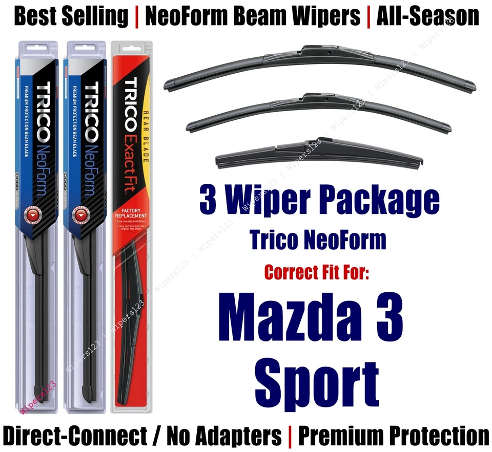 3-Pack Wipers Front & Rear NeoForm - fit 2014-2018 Mazda 3 Sport - 16240/180/12B - Image 1 of 1