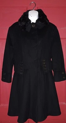 Abrigo negro de lana Betsey Johnson de colección talla 18 cuello de piel sintética extraíble Foto 1 de 4