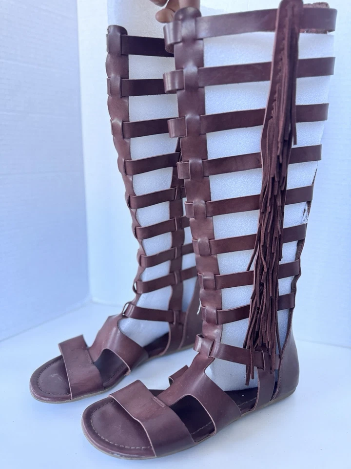 MIA Brown Tan Cognac Knee High Gladiator Fringe Sandals Size 9 - Image 1 of 4