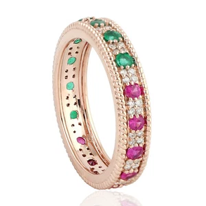 18K Rose Gold Diamond Ruby Emerald Eternity Band Ring Vintage Style Womens Gift - Picture 1 of 6