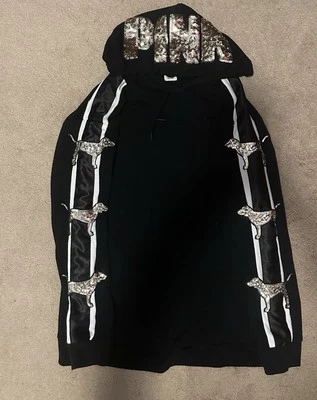 Victoria’s Secret Pink Black Sequin Bling Satin Dog Hoodie L - Image 1 of 4