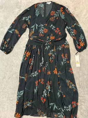 NWT Calvin Klein Women's Dark Green Floral Maxi V-Neck Dress In Sz 14 - Image 1 of 4