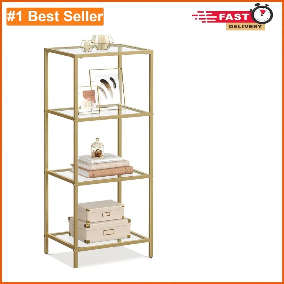 Sleek 4-Tier Glass Bookshelf with Metallic Gold Frame - Versatile Display Unit - image 1 of 4