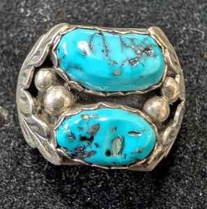 Vintage Navajo argento sterling foglia due (2) pietre turche. Anello uomo misura 10 o 12 - Foto 1 di 5