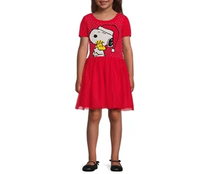 Peanuts Girls’ Snoopy Holiday Puff Sleeve Dress, Red M (7-8) - Picture 1 of 5