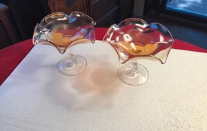 Carnival Glass Compote / candy dish pair Golden flash look blown FREE SHIP - Picture 1 of 5