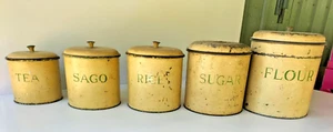 Scarce Antique Canister Set Metal Tin Canister Set x5 - Rustic - unrestored - AF - Bild 1 von 10