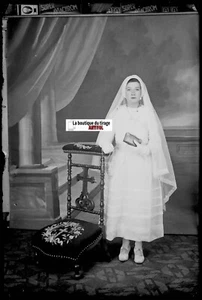 Holy Communion, Girl, Plate Glass Photo Antique, Negative Black & White - Picture 1 of 2
