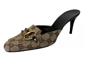 Vintage GUCCI GG Canvas Leather Horse-Bit Mules 8 Beige Brown Round Toe - Picture 1 of 11