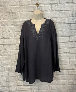 Túnica Lands End para mujer azul marino de lino adornada con cuentas cuello en V talla 2X 20-22w - Imagen 1 de 8
