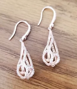 925 Sterling Silver Dangle Earring Rose Gold with Cubic Zirconia Open - Picture 1 of 3