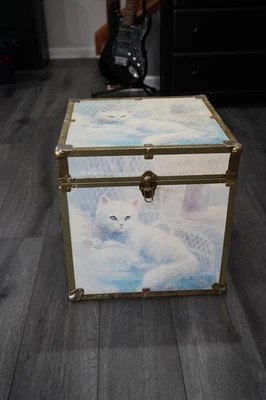 Baúl de madera para gato blanco con ojos azules caja de almacenamiento de juguetes cubo de 16" Foto 1 de 4