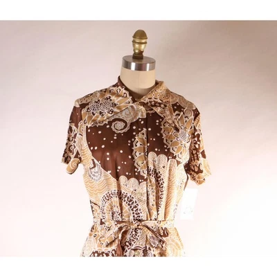1960s Brown and Tan Psychedelic Abstract Swirl Short Sleeve Belted Dress -XL - Image 1 of 4