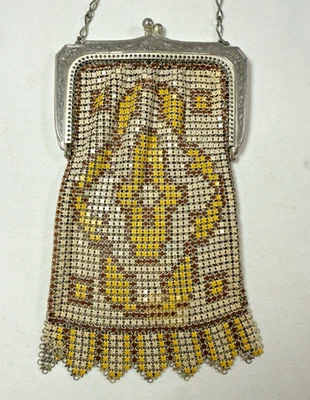 Bolsa de malha esmaltada vintage Whiting & Davis Art Deco flapper bege amarelo - Imagem 1 de 4