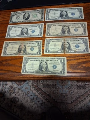 1934 US $10 Note & SIX $1 Silver Certificates - Image 1 of 4
