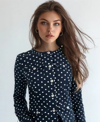 Chaps 波尔卡圆点牛仔夹克小号蓝色无领长袖口袋二手状况完好 — 第 1/4 张图片