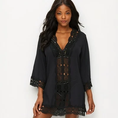 La Blanca - L Túnica Natación Encubrimiento Mujer Bordada Floral Encaje Negro  Foto 1 de 4