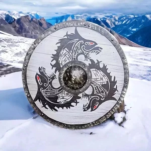 Medieval Wooden Shield Fenrir Grey Wolf Viking Handcrafted Warrior Armor Decor - Picture 1 of 5