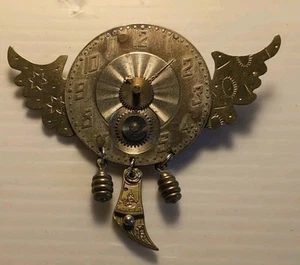 Vintage Steampunk Pin Winged Clock Dangle-Hand Made  - Picture 1 of 5