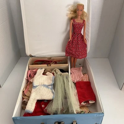 Vintage 1963 Barbie Doll Carrying Blue Case Red Dress Mod Barbie Midge Mattel - Image 1 of 4