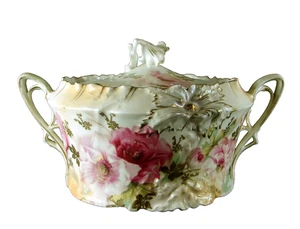 Art Nouveau RS Prussia Hand Painted Flowers Gilt Porcelain Biscuit Cookie Jar - Picture 1 of 15