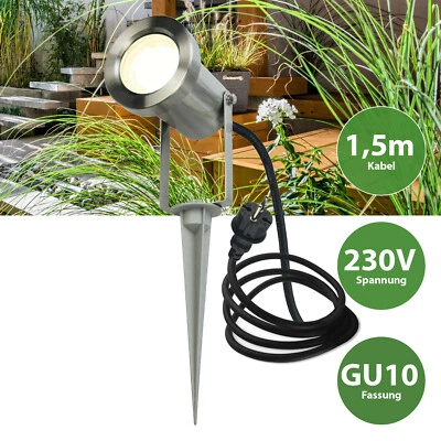 LED Erdspießleuchte V2A Edelstahl Gartenstrahler 1,5m Kabel + Stecker GU10 230V - Bild 1 von 2