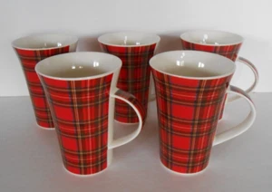 Set of Five Leonardo Collection Red Plaid Tartan Coffee Tea Mugs Fine Bone China - Picture 1 of 5
