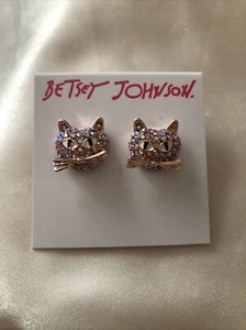Betsey Johnson Rose Gold Tone Pink & Iridescent Crystal Cat Stud Earrings NWT - Picture 1 of 12