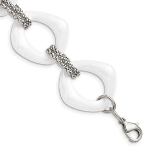 Stainless Steel Polished with White Ceramic Open Link Bracelet 8" for Women - Picture 1 of 5