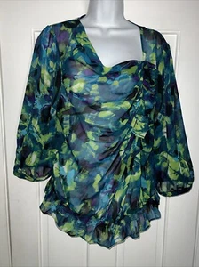 Marc Bouwer Green Sheer Blue Floral Geometric Blouse Top Sz Medium M - Picture 1 of 7