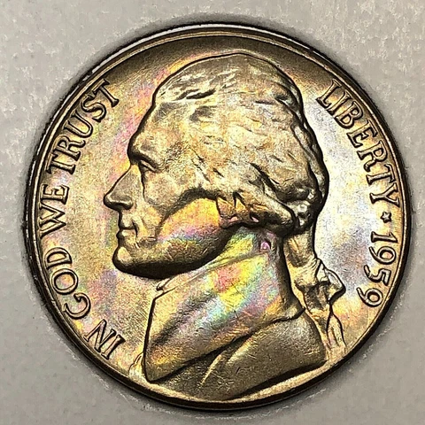 1959-D  Jefferson Nickel    Grade Uncirculated  Gem Album Toned Looks "Opalized" Cover