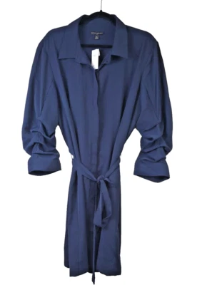 Nuevo $100 Vestido BANANA REPUBLIC XL Midi Reunido Manga Abullonada Azul Marino Cinturón Foto 1 de 4