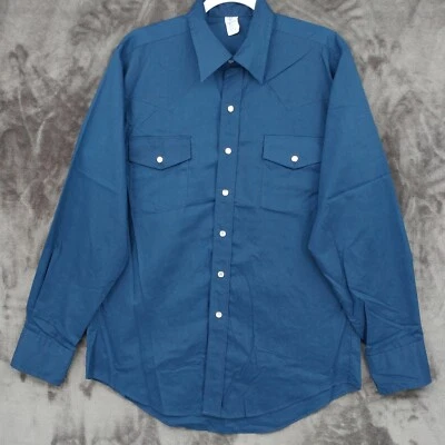Malco Modes Vtg Western Pearl Snap Shirt Mens 16.5 Blue Poly Cotton Long Sleeve - Image 1 of 4