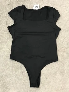Square Neck Bodysuit Womens XL Black Cap Sleeve Silky Smooth Snap Closure NWT - Picture 1 of 17