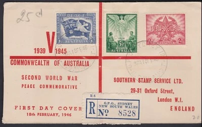 1946 WWII PEACE Australia Registered GPO SYDNEY FDC to Southern Stamp Service   - Image 1 of 2