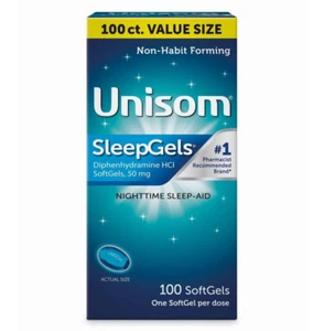 Unisom SleepGels Nighttime Sleep-Aid SoftGels, Diphenhydramine HCI 50 mg, 100 Ct - Picture 1 of 8