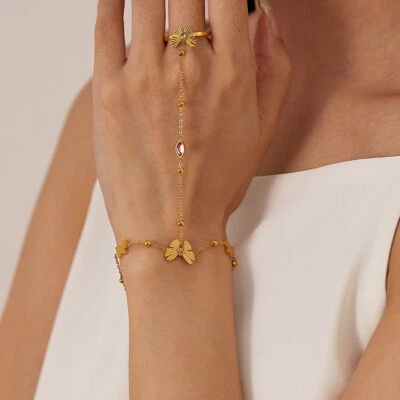 Edelstahl Handkette Schmetterling Handschmuck Armband mit Ring Gold-Farbe Damen - Bild 1 von 4