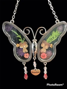 Sonnenfänger Schmetterling Käfer Figur Ornament mit gepressten Blumen Oma - Bild 1 von 5