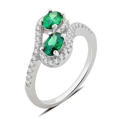 Кольцо с двумя камнями из чистого серебра с овальным изумрудом и круглым белым сапфиром - Изображение 1 из 4