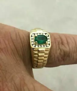 MEN'S Band SZ:6 US Pinky Finger Natural Emerald Diamond Gemstone 14K Gold Ring - Picture 1 of 14