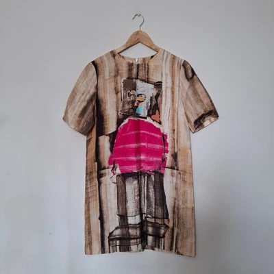 Vestido midi MARNI beige estampado facial satinado manga larga talla 40 Reino Unido pequeño Foto 1 de 4