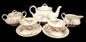 ROYAL DOULTON BELL HEATHER TEA SET TEA POT CREAMER SUGAR BOWL TEA CUPS ENGLAND - Picture 1 of 10